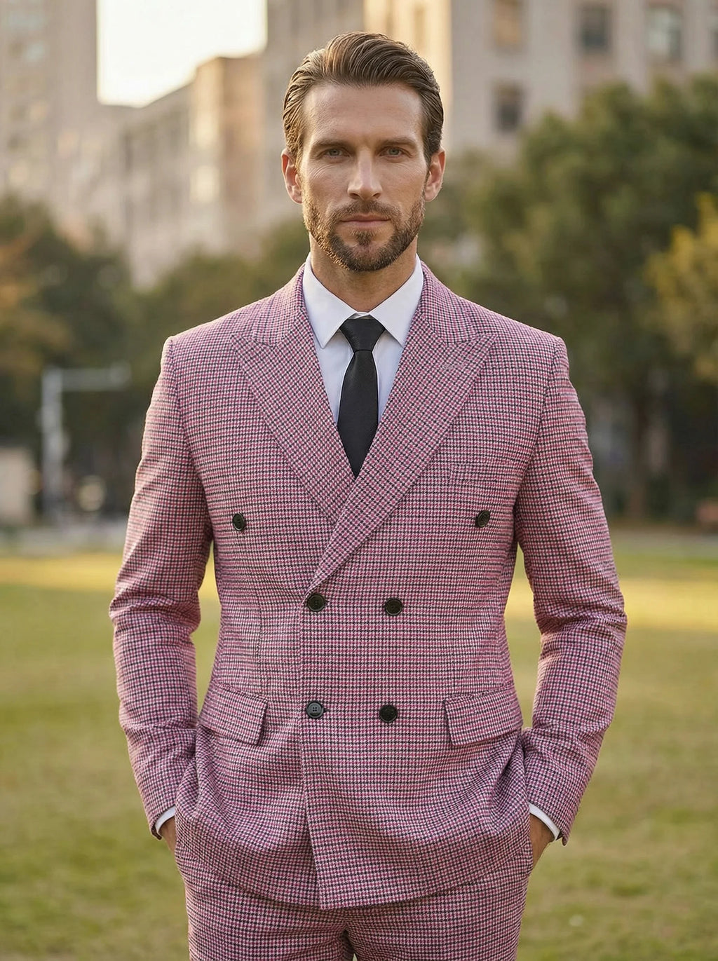 Men's Business Suits 2 Pieces Double Breasted Regular Fit Notch Lapel Plaid Wool Prom Tuxedos For Wedding (Blazer+Pants)