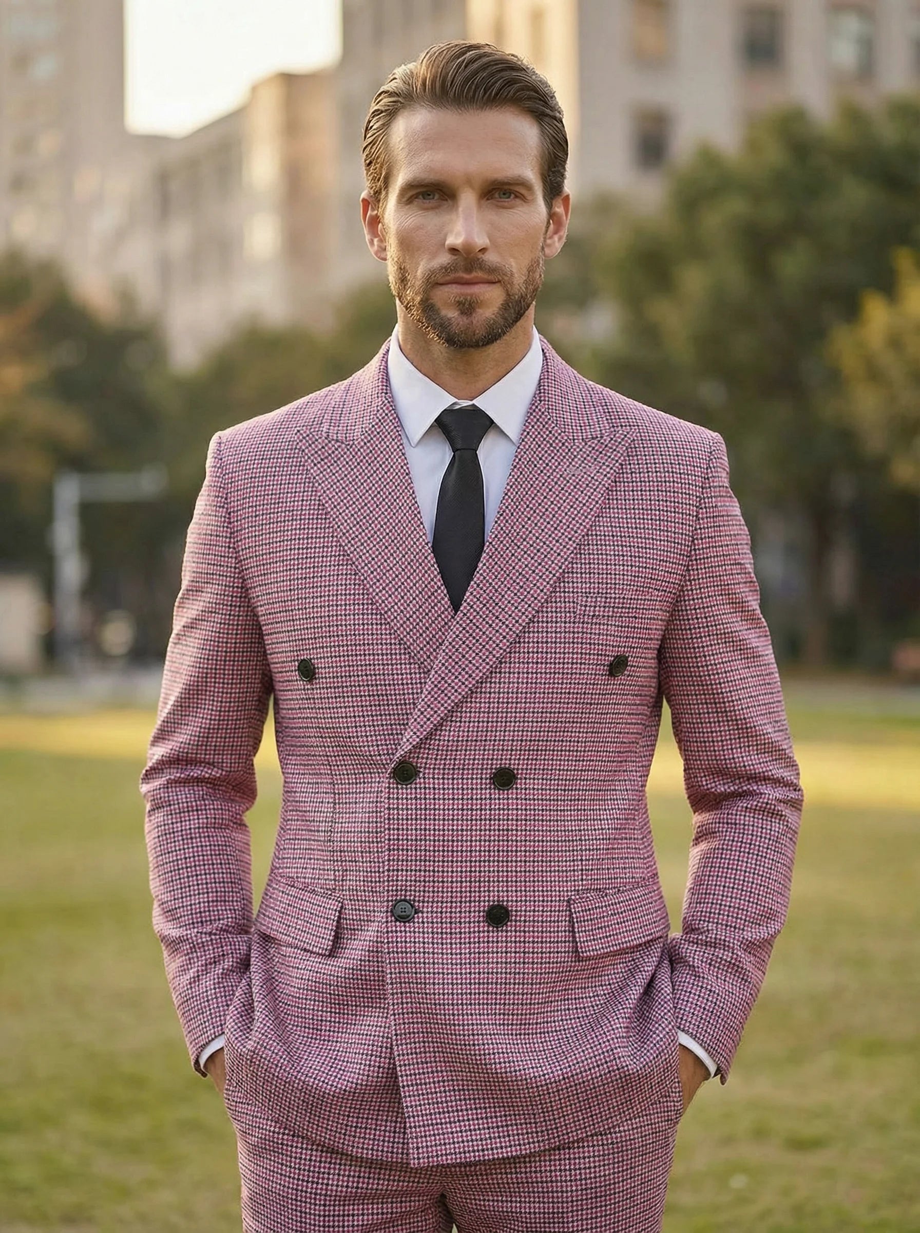 Men's Business Suits 2 Pieces Double Breasted Regular Fit Notch Lapel Plaid Wool Prom Tuxedos For Wedding (Blazer+Pants)
