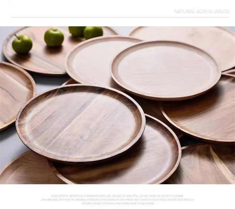 15/20/25cm Wooden Round Serving Platter Tray Retro Wood Pizza Salad Plate Fruit Dessert Tray Bread Cake Container Snacks Dish