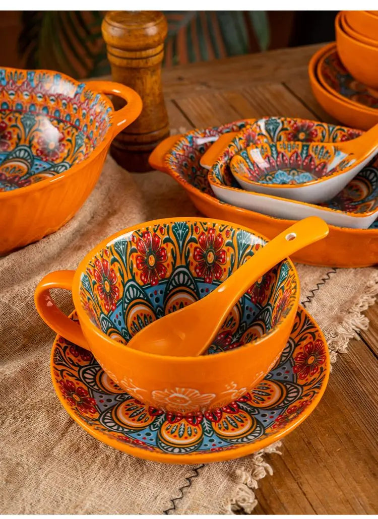 Bohemia Ceramic Rice Bowl Serving Plate Creative Ceramic Cutlery Soup Noodle Bowl Household Handle Bowl Sauce Dish