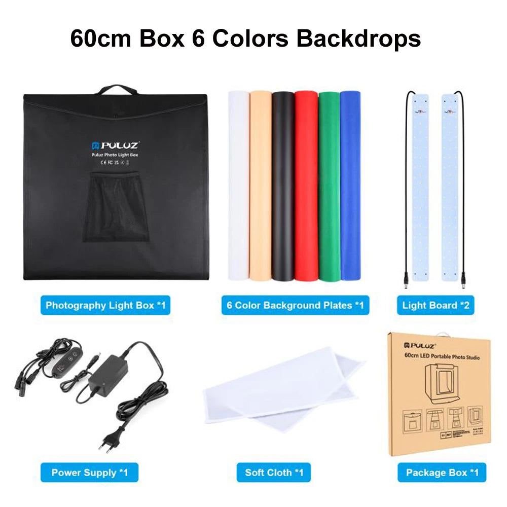 PULUZ 60x60 Photo Studio Light Box Photography Studio Shooting Light Tent Box 6 Colors Backgrounds Tabletop LED Light Studio Box