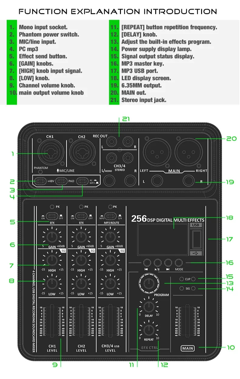 Audio Interface Mixer with Bluetooth USB Recording Computer 48V Phantom Power Delay Replay Effects, 4-Channel Audio Mixer ﻿