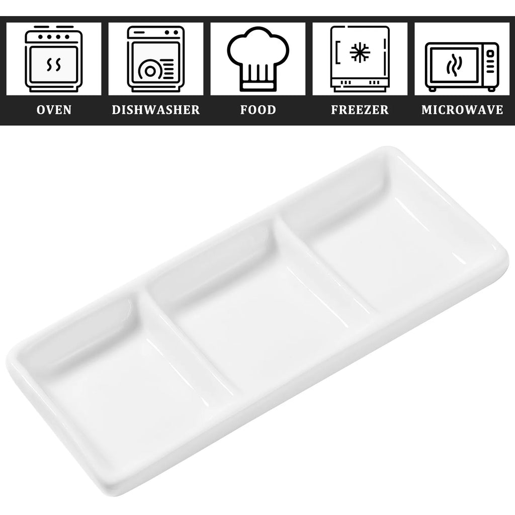 2Pcs Rectangular Ceramic Sauce Serving Tray 3-Compartment Appetizer Dish for Spice Soy Dips Appetizer Serving Tray