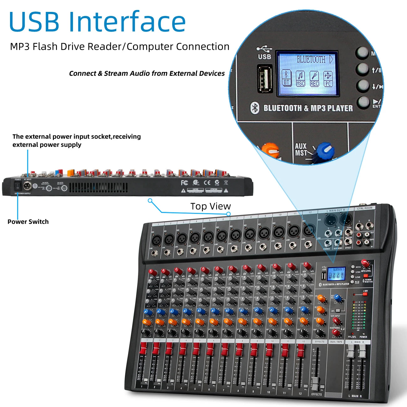12 Channel Mixing Console With USB Function Suitable For Home DJ Recording Studio Stage Performance Mixer Audio