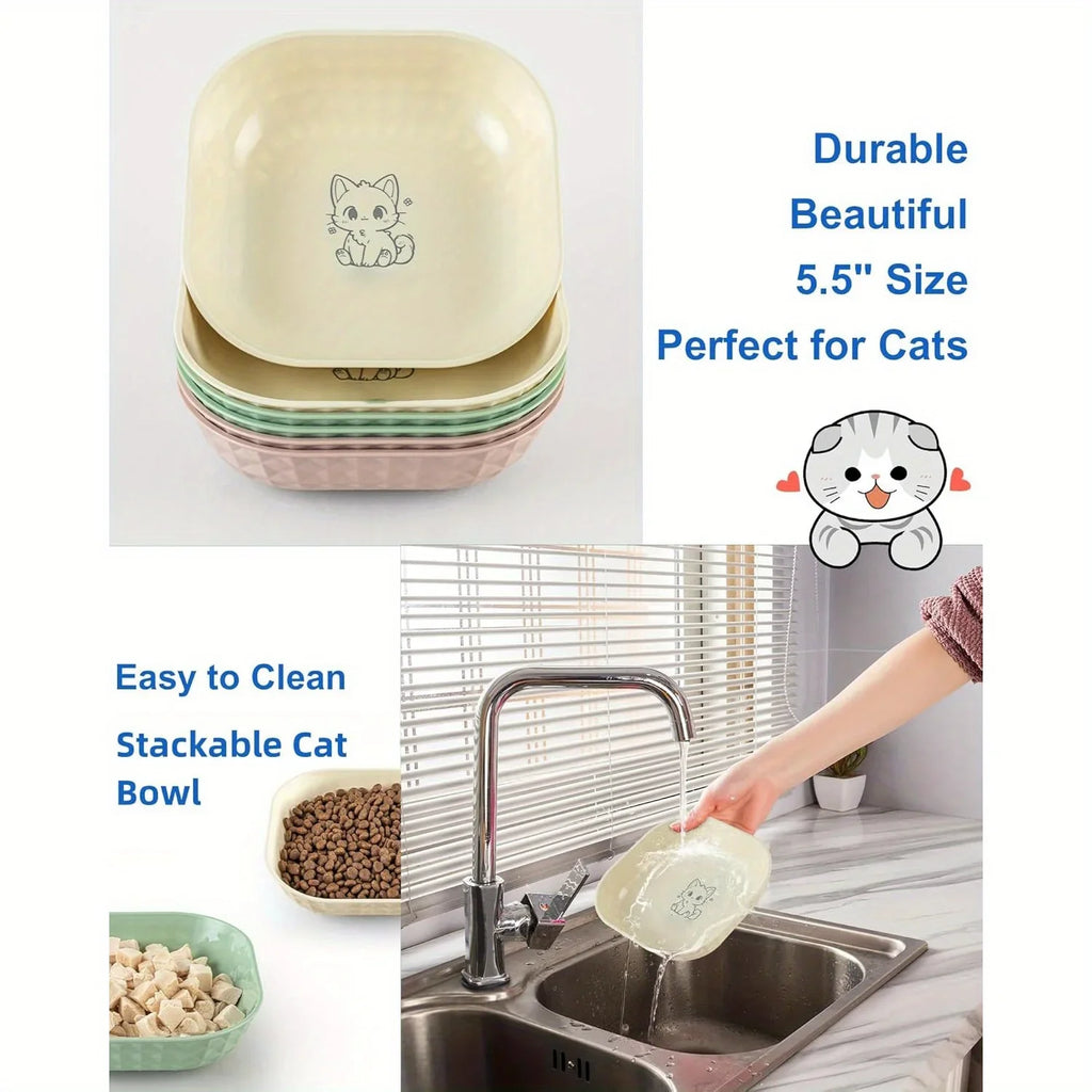 6pcs Cat Bowls Set - Whisker Fatigue Relief Shallow Dishes + 5.5in Wet Food Plates, Anti-Tip Pet Dishes for Indoor Cats