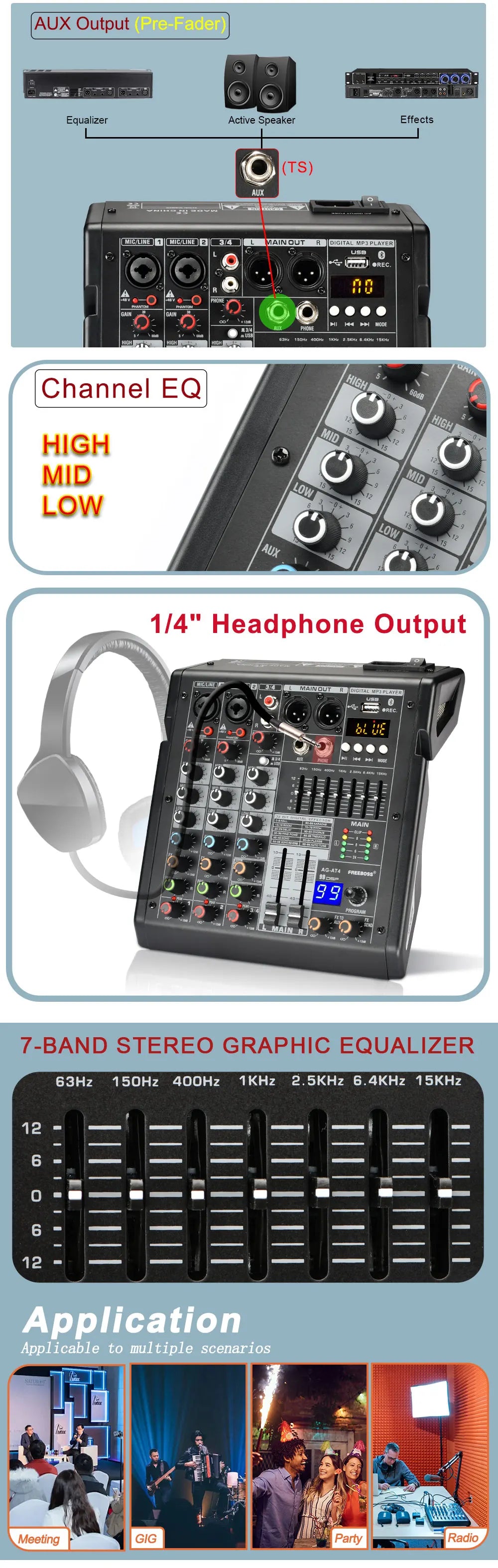 Freeboss Audio Mixer 4 Channels 99 Effect USB Mixing Console PC Record Bluetooth Studio 48V Sound Table Karaoke Mix Desk AG-AT4