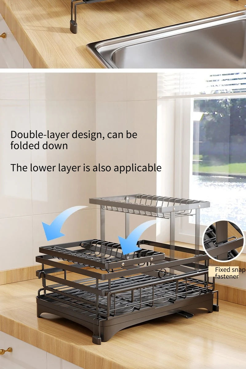 Kitchen Storage Rack, Foldable and Pull-out Cutlery Storage Platform, Double-layer Drain Basket, Bowl and Plate Storage Rack