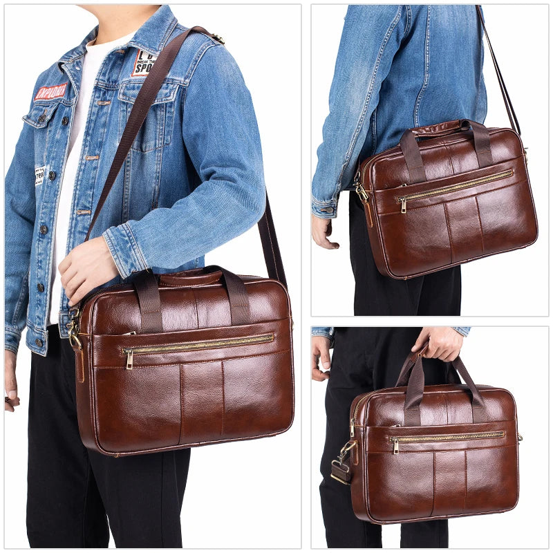 Men's Genuine Leather Laptop Bag Vintage Business Briefcase Shoulder Handbag Messenger Computer Bag Work Travel