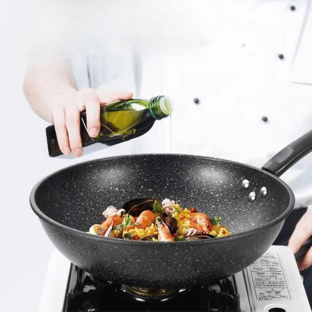 Kitchen Cookware Non-Stick Stir-Fry Pan Universal with Lid Skillet Flat Bottomed Frying Pan Cooking