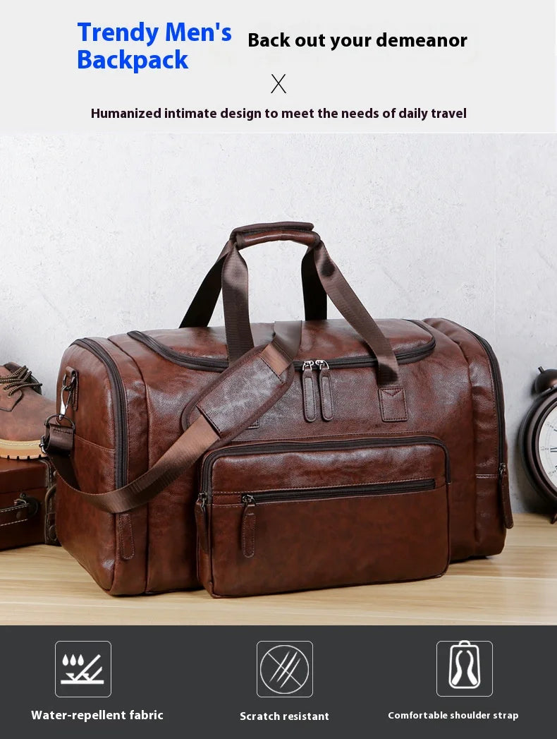 Geestock Business Men PU Leather Gym Duffel Bag Large Capacity Sports Travel Tote Handbag For Male Fitness Vintage Luggage Bag