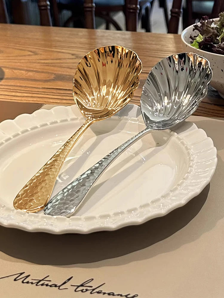 2Pcs Shell-Shaped Serving Spoons 18/10(304) Stainless Steel Vegetable Spoons 8.8inch (Approximately 22.5cm) Large Fan-Shaped Soup Spoons, Suitable for Family Christmas Parties, Restaurant Buffets, and as Gifts