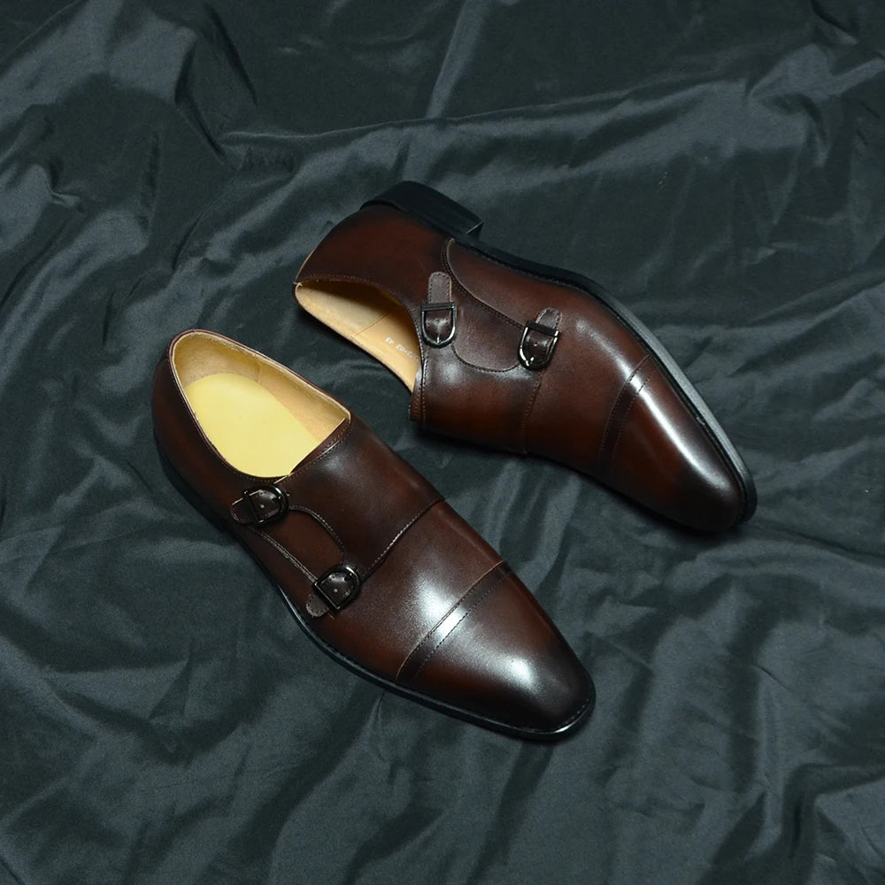 Luxury Men's Business Dress Shoes Genuine Leather Monk Strap Buckle Handmade Italian Brown Black Office Suit Formal Shoes Man