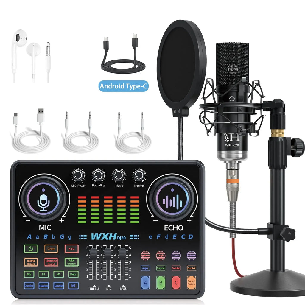 Dj20 Sound Card Studio Mixer WXH520 Noise Reduction Microphone Singing Voice Live Broadcast Phone Computer Record USB Sound Set
