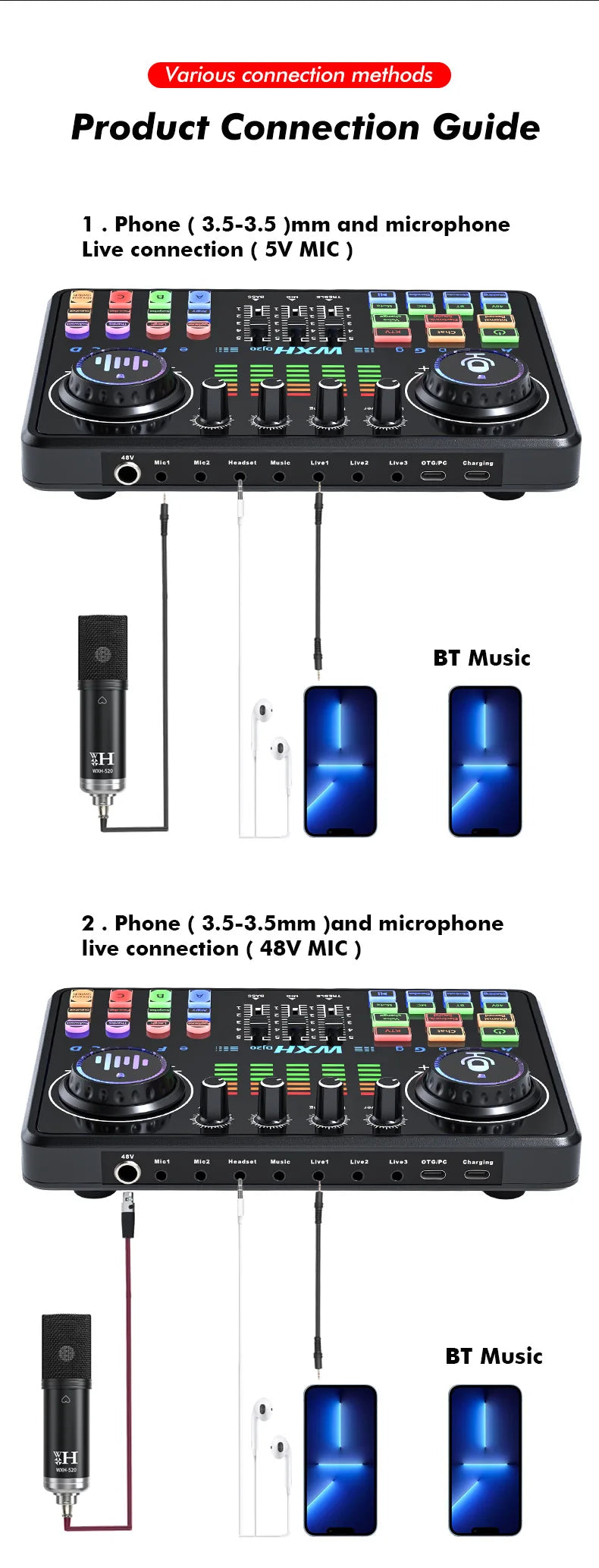 Dj20 Sound Card Studio Mixer WXH520 Noise Reduction Microphone Singing Voice Live Broadcast Phone Computer Record USB Sound Set