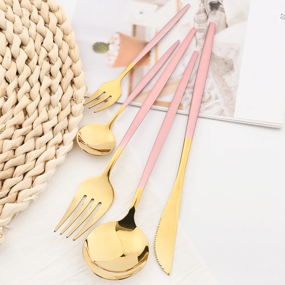 30Pcs White Gold Cutlery Set Stainless Steel Tableware Knife Cake Fork Spoon Dinnerware Set Kitchen Flatware Silverware