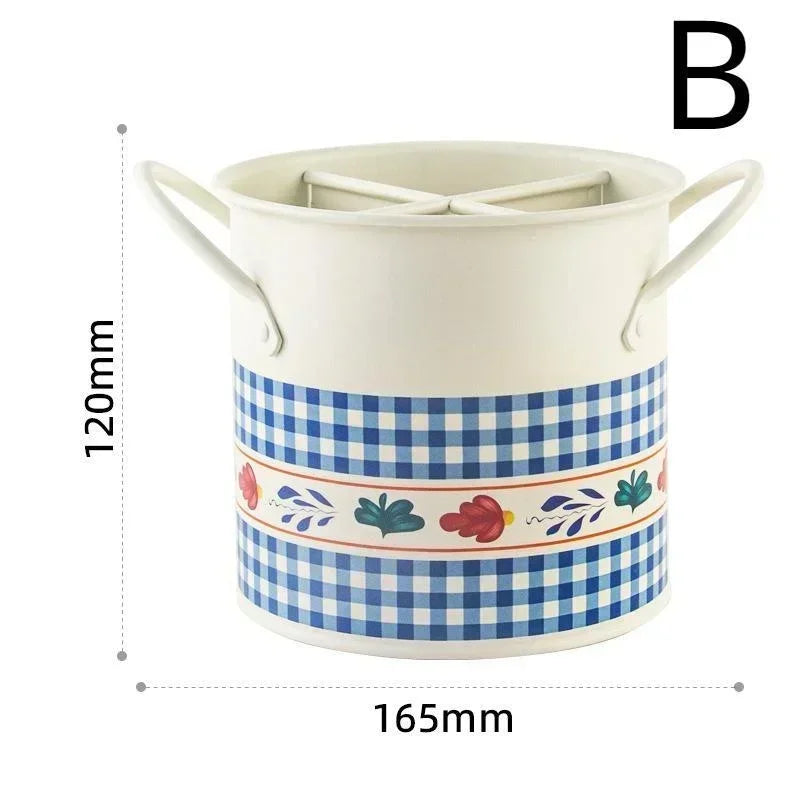 Retro Tableware Storage Bucket Draining Rack with Divider Kitchen Knife and Fork Storage Box Home Decoration for Kitchen Tools