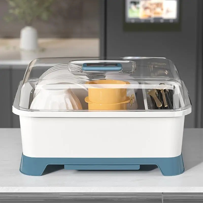 Multifunctional Kitchen Storage Rack Dishware Drain Basket Cover Included Utensil Storage Box Plastic Kitchen Organizer