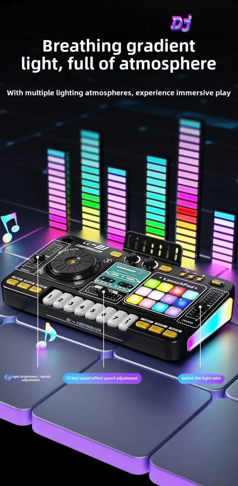 Kid DJ Mixer with Microphone Multifunctional Electronic Piano Keyboard Bluetooth DJ Turntable Controller Kid Musical Instrument