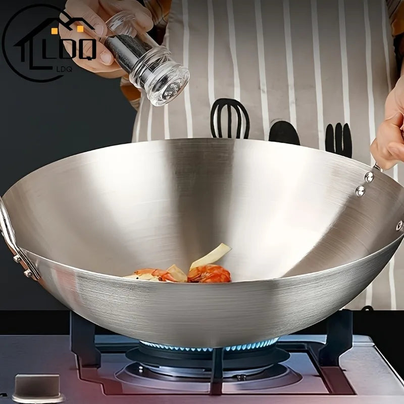 1PCS Large Stainless Steel Wok, Uncoated Thick High-Quality Durable Chef'S Pan with Dual Handles, Easy to Clean for Commercial