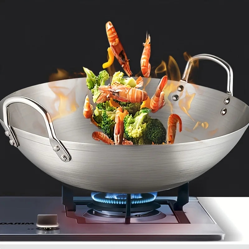 1PCS Large Stainless Steel Wok, Uncoated Thick High-Quality Durable Chef'S Pan with Dual Handles, Easy to Clean for Commercial