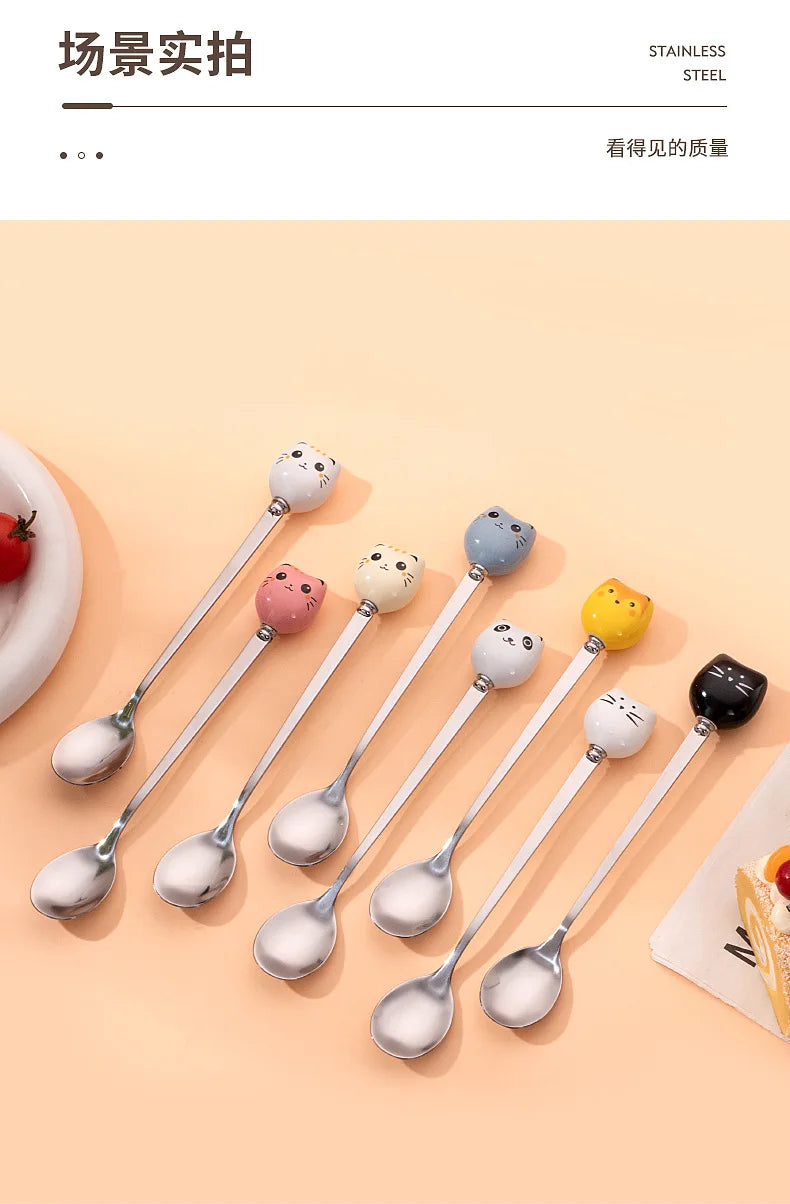 Coffee and Dessert Spoons Flatware Kitchen Tools Ice Cream Cartoon Stirring Spoon Stainless Steel Long Cat Handle Ceramic Spoon
