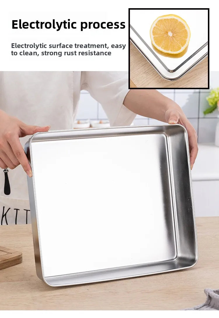Stainless Steel Thickened Flat Bottom Rectangular Dish with Lid for Baking Steaming Dessert Dish Restaurant Fast Food Platter