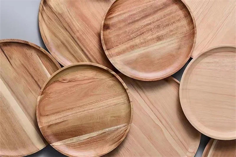15/20/25cm Wooden Round Serving Platter Tray Retro Wood Pizza Salad Plate Fruit Dessert Tray Bread Cake Container Snacks Dish