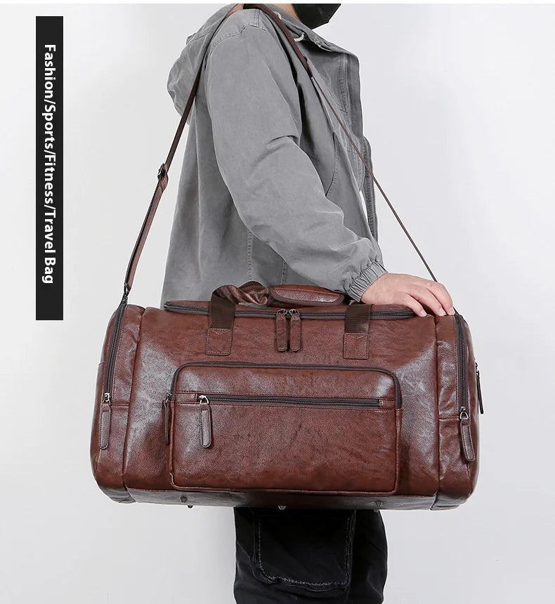 Geestock Business Men PU Leather Gym Duffel Bag Large Capacity Sports Travel Tote Handbag For Male Fitness Vintage Luggage Bag