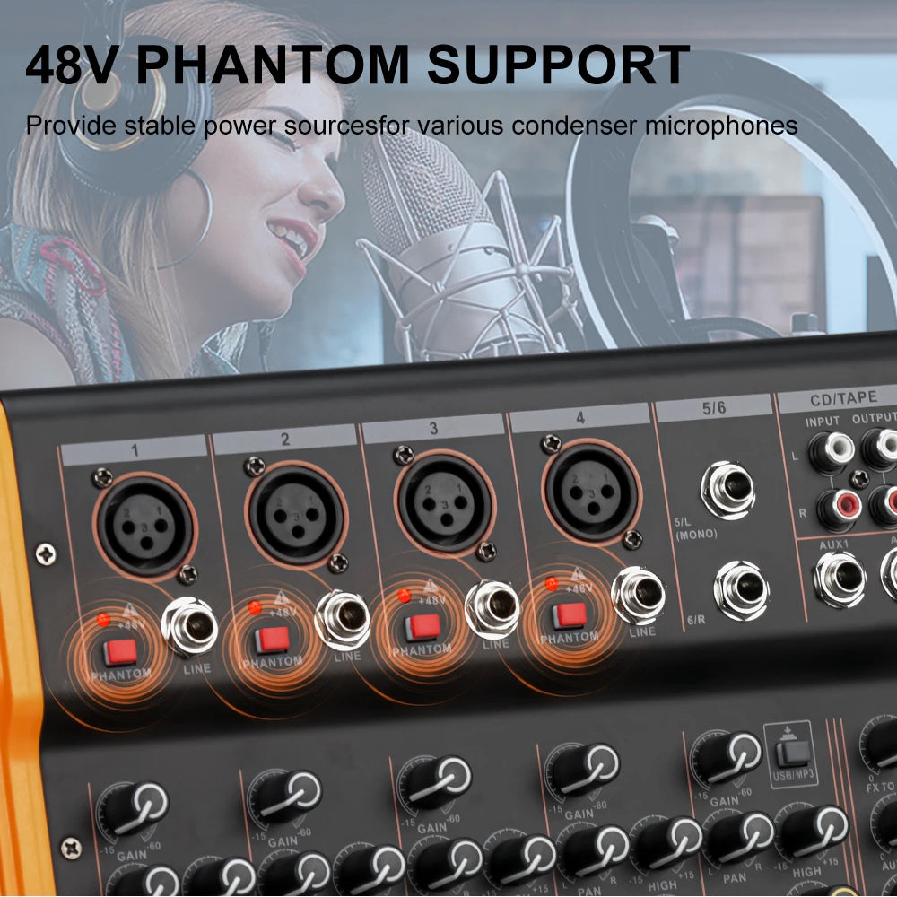 LEUS BL4/6 Channel 99 DSP Effect Audio Mixer Record PC 48V Phantom Power USB Sound Mixers Bluetooth DJ Console Mixing for Karaok