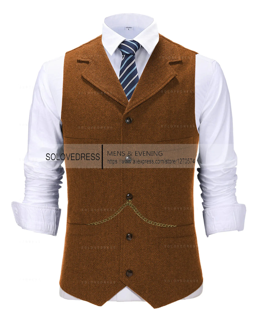 Business Mens Suit Vest Lapel V Neck Wool Herringbone Casual Brown Waistcoat Casual Formal Groomsman Jacket For Wedding