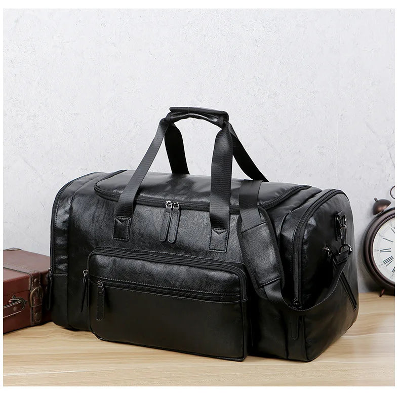 Geestock Business Men PU Leather Gym Duffel Bag Large Capacity Sports Travel Tote Handbag For Male Fitness Vintage Luggage Bag