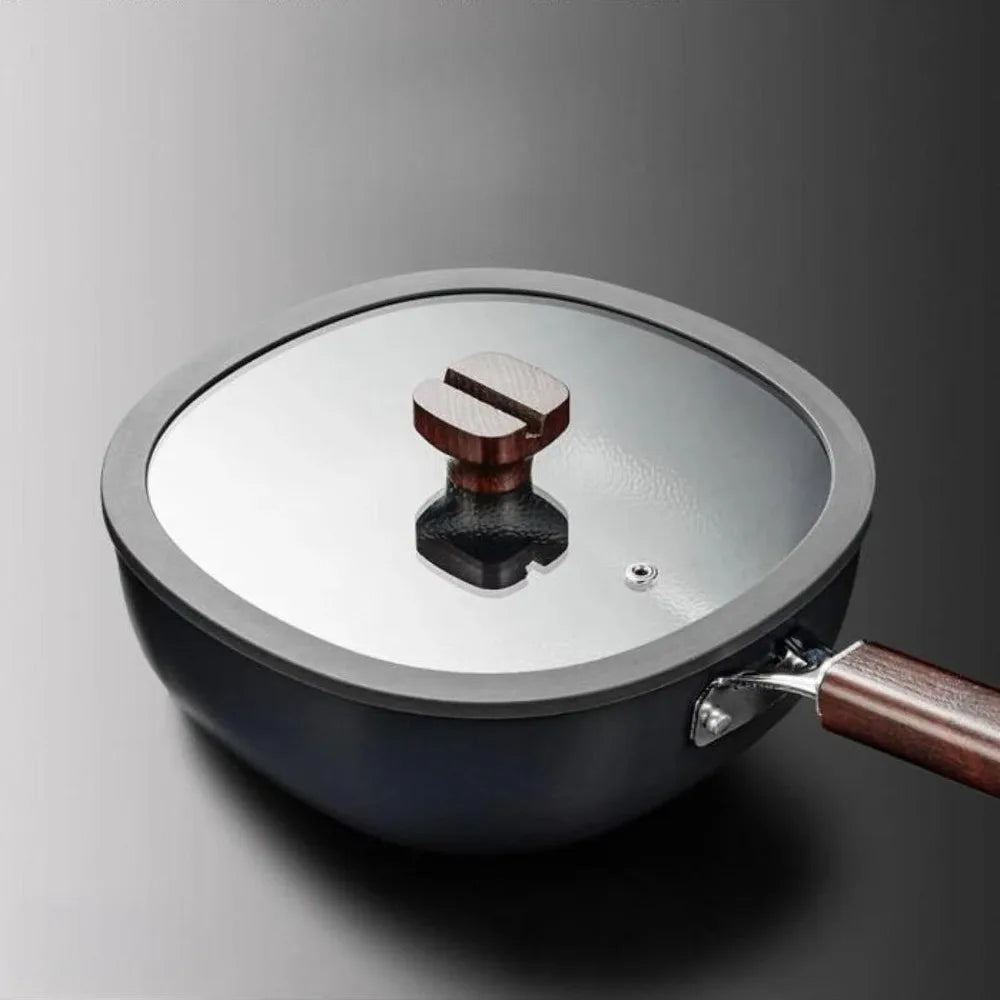 Cookware Refined Iron Square Frying Pan No Coating Flat Bottomed Stir Fry Pot with Visible Cover Wood Handle Wok Restaurant