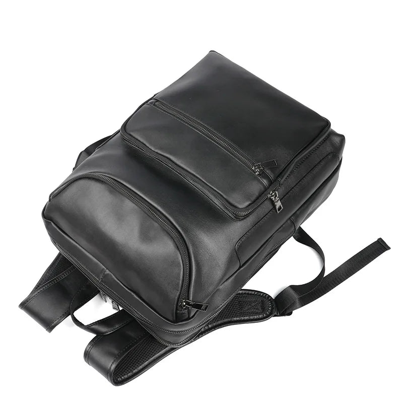Men's 15.6 Inch Business Laptop Backpack Black Premium Cowhide Leather for Commuter Casual Student Office Travel