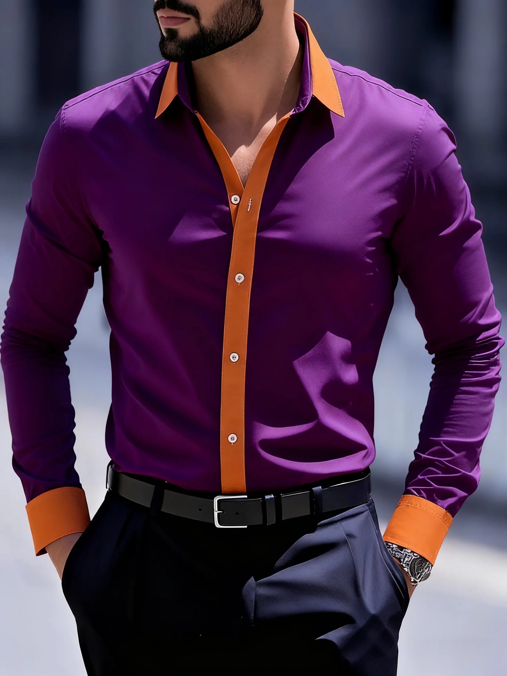 Men's Business Shirt: A fitted office shirt with a classic collar design, machine-washable polyester fabric. Fast shipping.