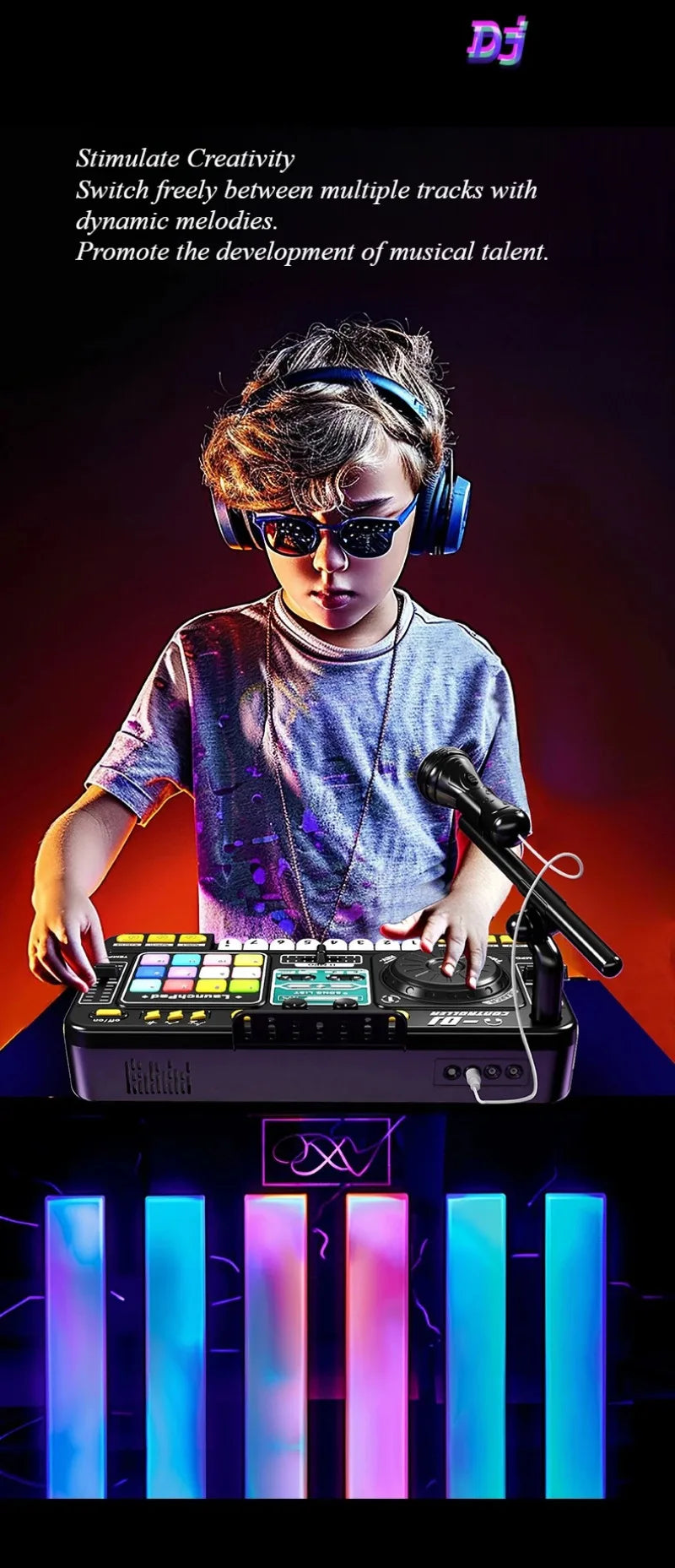 Kid DJ Mixer with Microphone Multifunctional Electronic Piano Keyboard Bluetooth DJ Turntable Controller Kid Musical Instrument