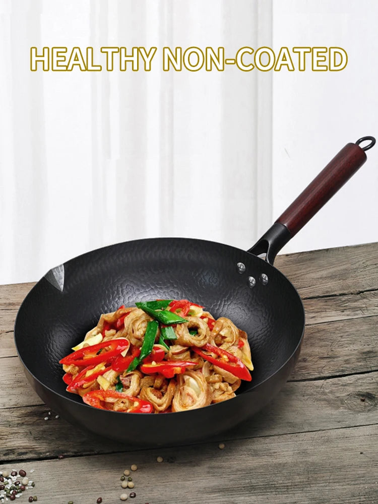 Pure Iron wok cast iron pan Non-coated Pot General use for Gas and Induction Cooker 32cm Chinese Wok Cookware Pan