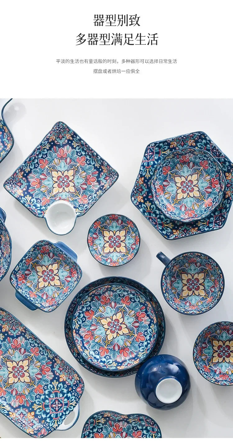 Bohemia Ceramic Rice Bowl Serving Plate Creative Ceramic Cutlery Soup Noodle Bowl Household Handle Bowl Sauce Dish