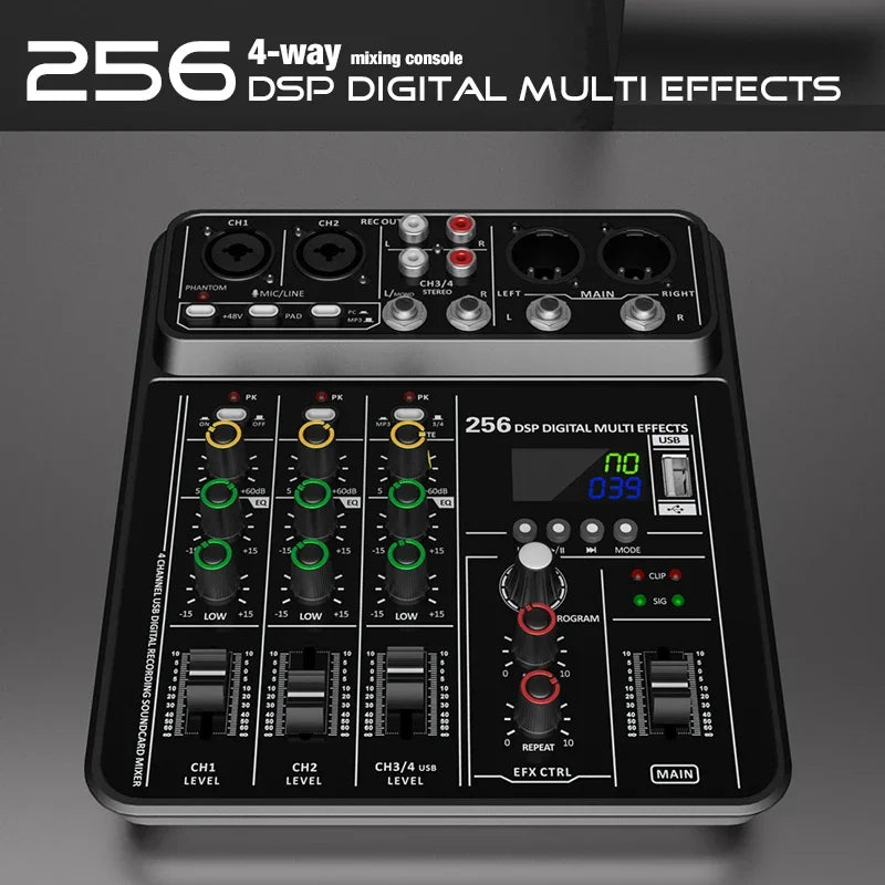 Audio Interface Mixer with Bluetooth USB Recording Computer 48V Phantom Power Delay Replay Effects, 4-Channel Audio Mixer ﻿
