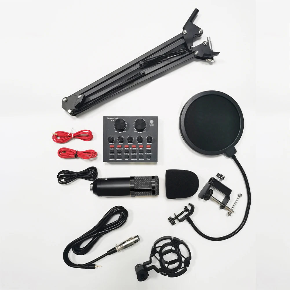 BM800 Microphone V8 Sound Card Podcast Equipment Professional Audio Condenser Mic Kit for Live Broadcasting Studio Recording