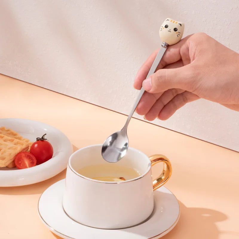 Coffee and Dessert Spoons Flatware Kitchen Tools Ice Cream Cartoon Stirring Spoon Stainless Steel Long Cat Handle Ceramic Spoon