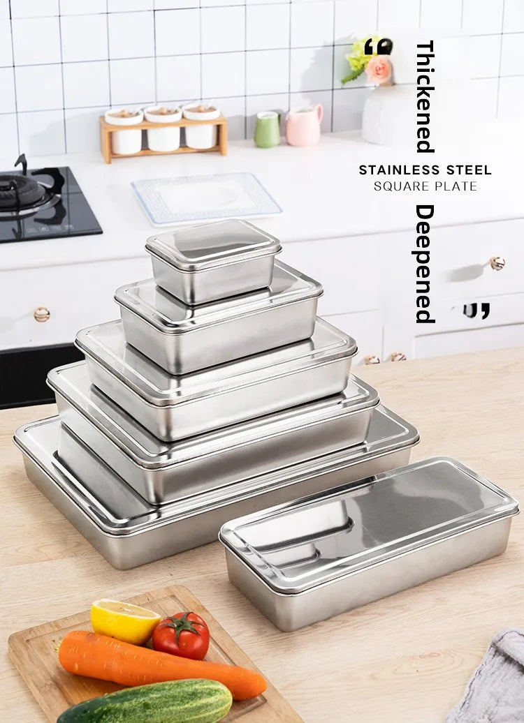 Stainless Steel Thickened Flat Bottom Rectangular Dish with Lid for Baking Steaming Dessert Dish Restaurant Fast Food Platter