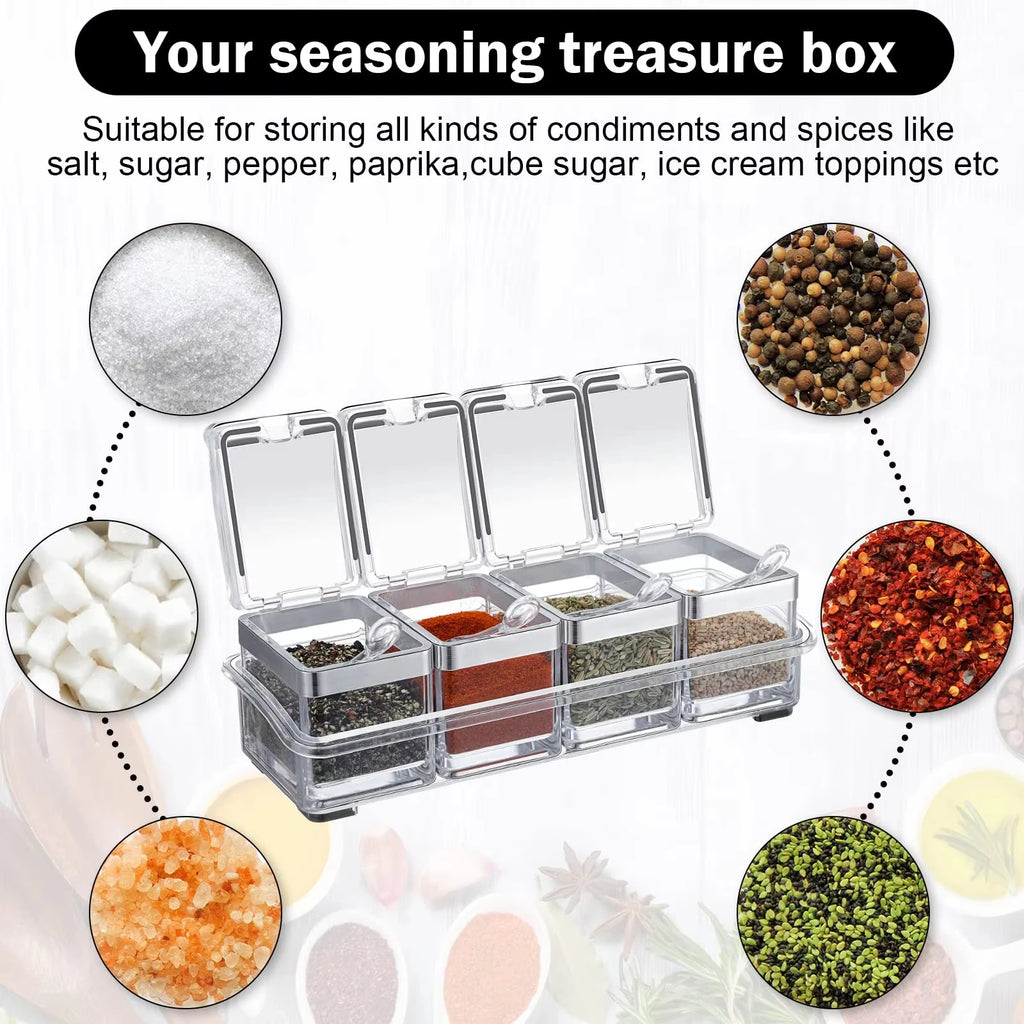 Kitchen Accessories Gourmet Acrylic Seasoning Box with 4 Serving Spoons Spice Jar Set Condiment Cruet Bottle Kitchen Supplies