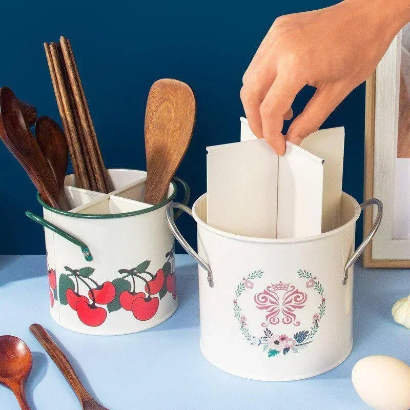 Retro Tableware Storage Bucket Draining Rack with Divider Kitchen Knife and Fork Storage Box Home Decoration for Kitchen Tools