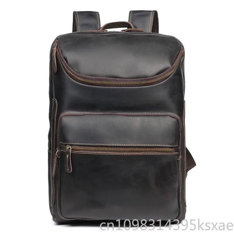Men's 15.6 Inch Business Laptop Backpack Black Premium Cowhide Leather for Commuter Casual Student Office Travel