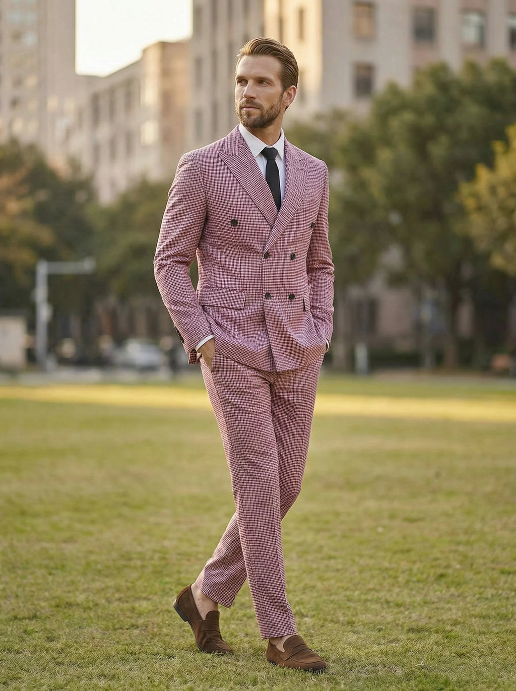 Men's Business Suits 2 Pieces Double Breasted Regular Fit Notch Lapel Plaid Wool Prom Tuxedos For Wedding (Blazer+Pants)