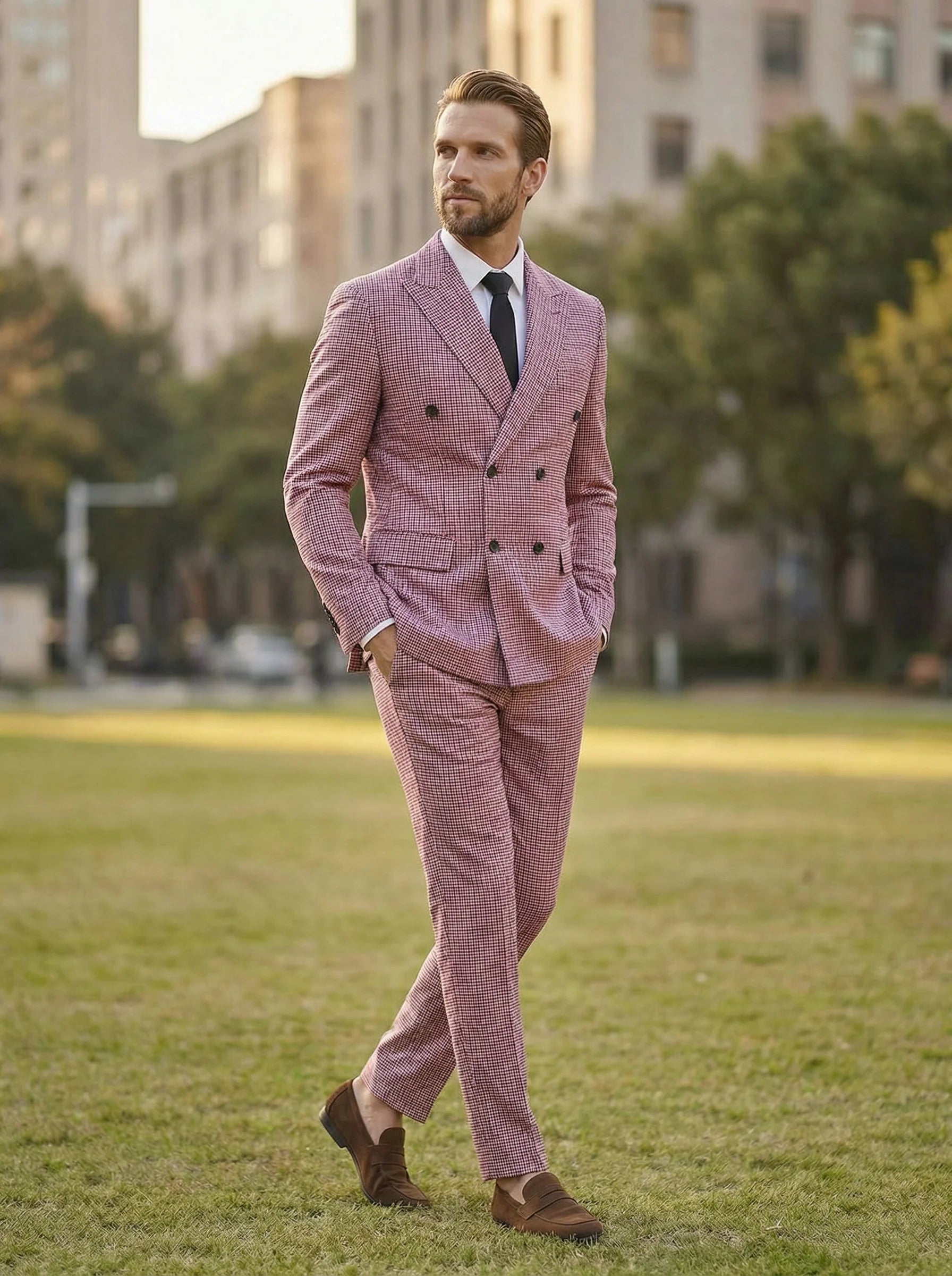Men's Business Suits 2 Pieces Double Breasted Regular Fit Notch Lapel Plaid Wool Prom Tuxedos For Wedding (Blazer+Pants)