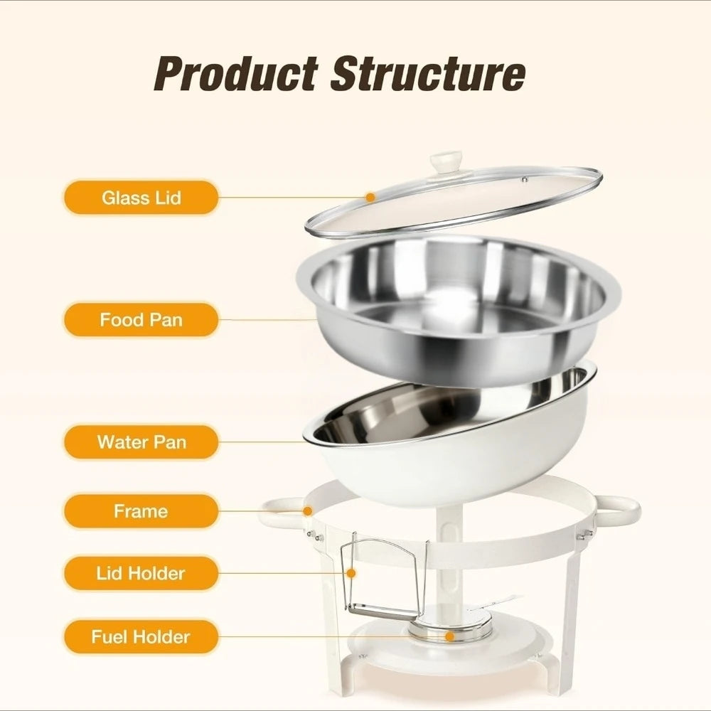 White Chafing Dishes for Buffet with Glass Lid (5QT, 1-2-4Pack), Stackable, Lid Holder for Party, Wedding