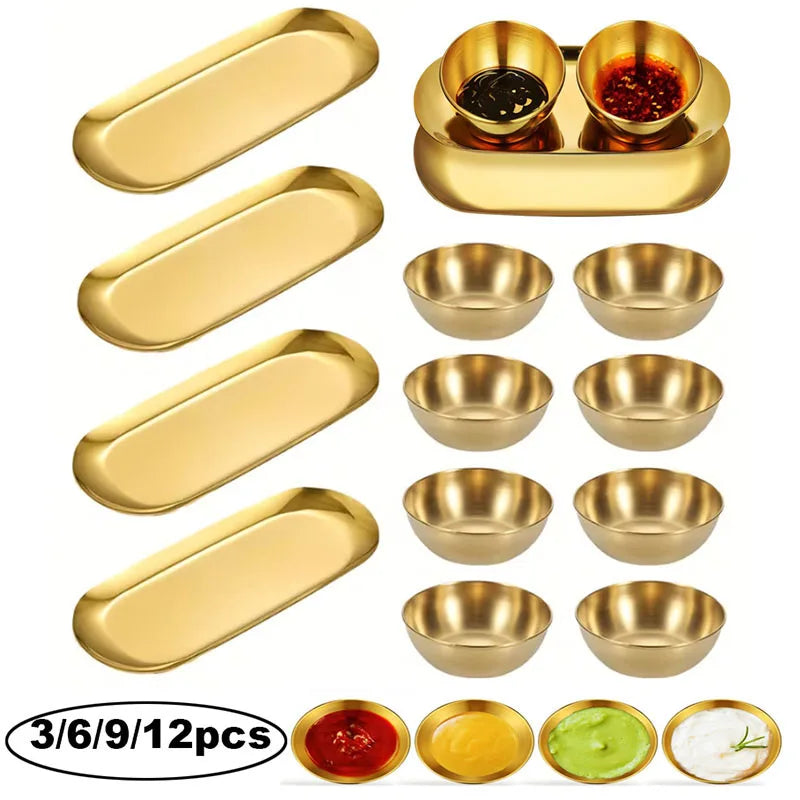 3/6/9/12pcs Golden Sauce Bowl Serving Tray Set Stainless Steel Seasoning Cup Sushi Dipping Bowl Serving Tray Snack Dish Plate
