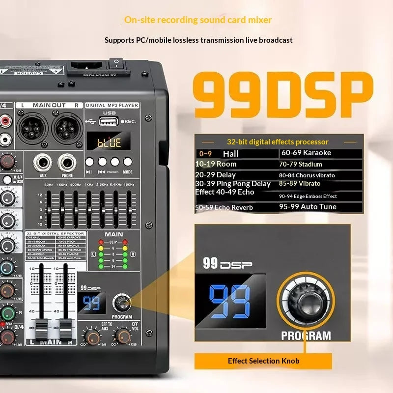 MP3 Mixer with Bluetooth - 99 DSP Effects, 7-Band EQ, 48V Phantom Power, USB Sound Card for Live Streaming Stage Recording