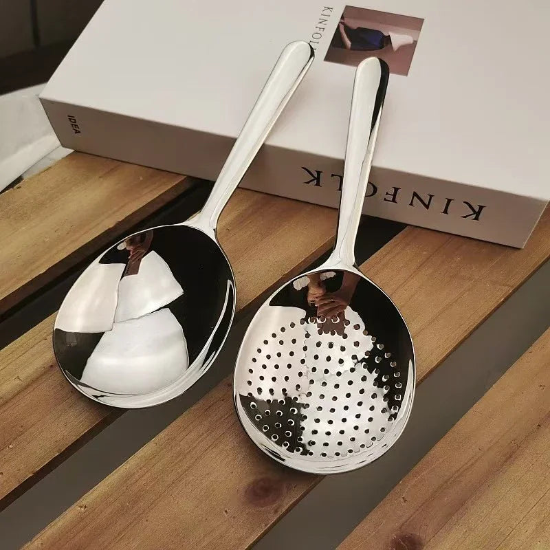 New Stainless Steel Serving Spoon Restaurant Public Use Filtering Soup Rice Ladle Large Size Silver Tone Kitchen Utensil Set